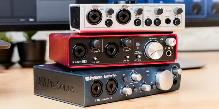 audio interfaces piled up