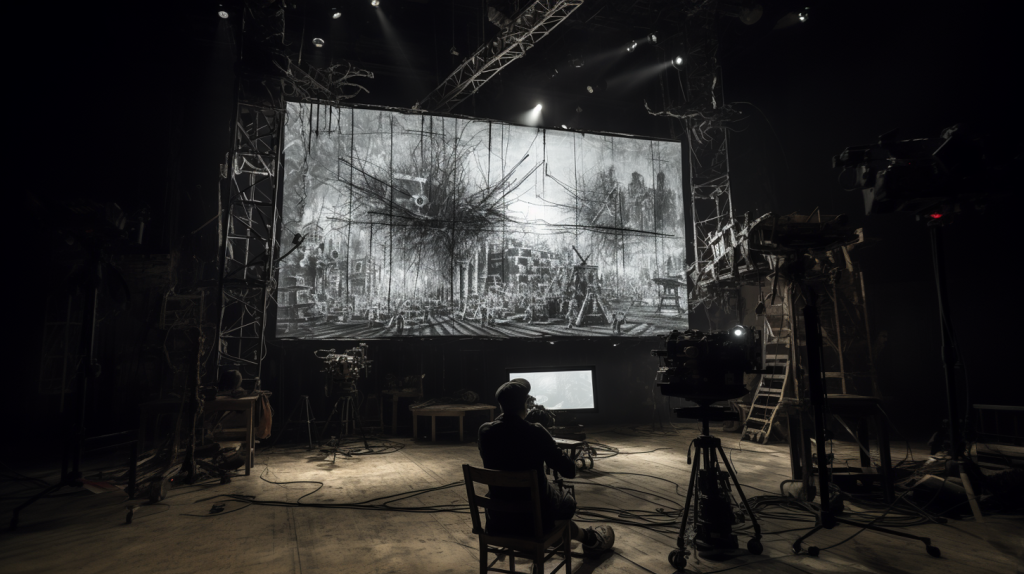Film director in front of a screen on a film set